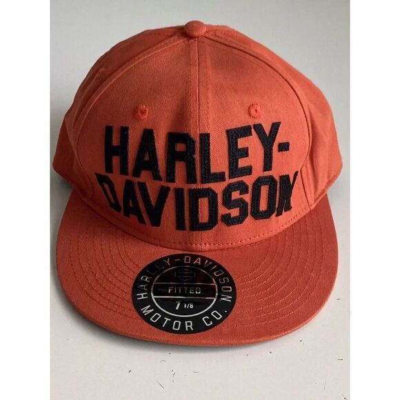 Harley-Davidson Motorcycle Block Letter Fitted Cap Hat Men’s Sz 7 1/8 Orange NEW - Picture 1 of 14